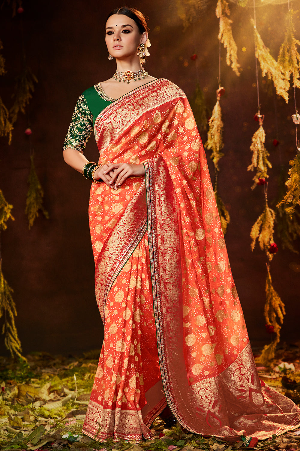 Pre Stitched Georgette Saree in Pink and Light Green : SPF9374