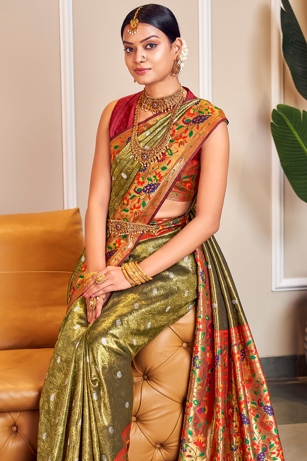 Silk Sarees : Green soft lichi silk golden zari jacquard ...