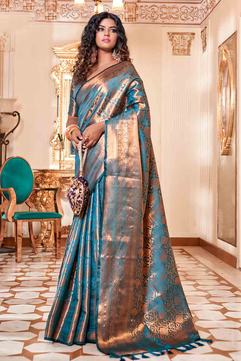 Buy Online Pink and Blue Checker Kanjivaram Silk Saree in USA |Green Border  – Pure Elegance