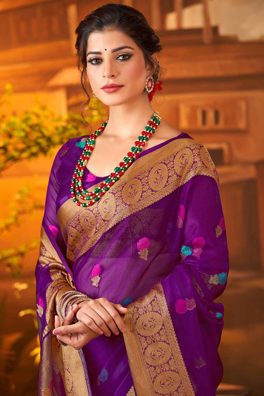 Brinjal purple soft silk saree with zari buttas, contrast thin border &  intricately designed pallu