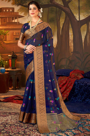 Navy Blue Organza Saree