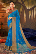 Cyan Blue Organza Saree