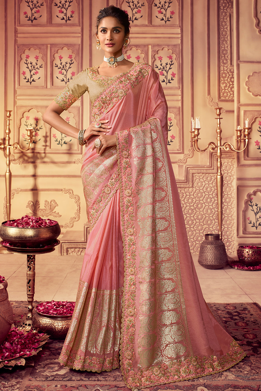 Baby pink color kanchipuram silk saree with zari weaving work