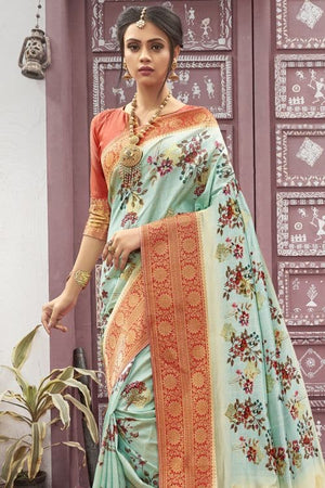 Glacial Green Satin Silk Saree