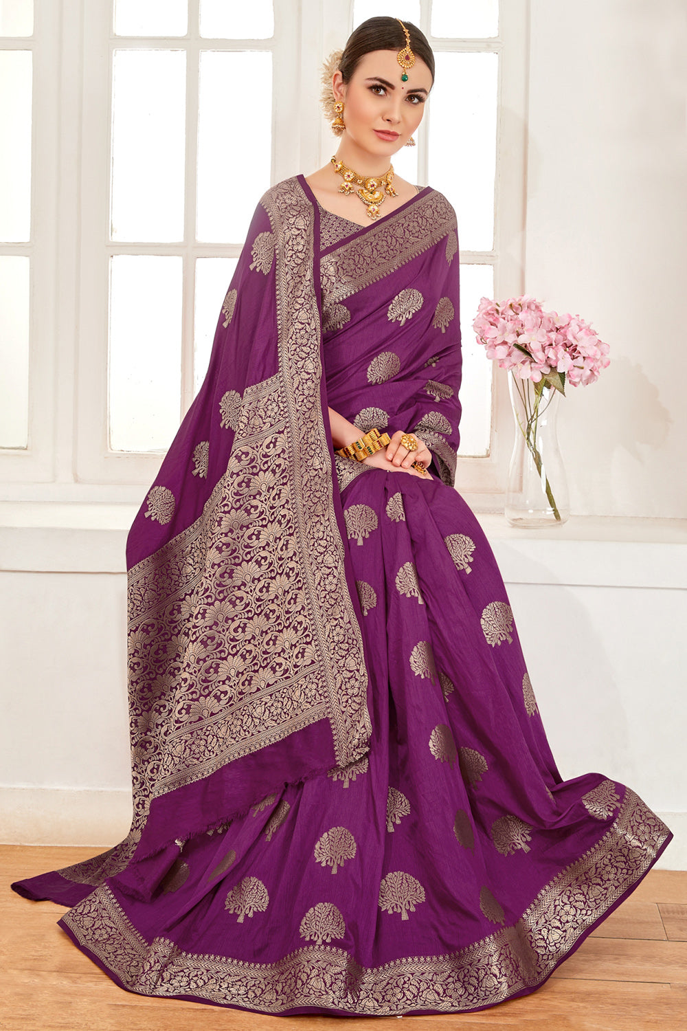 Buy Mulberry Wine Banarasi Silk Saree online-Karagiri