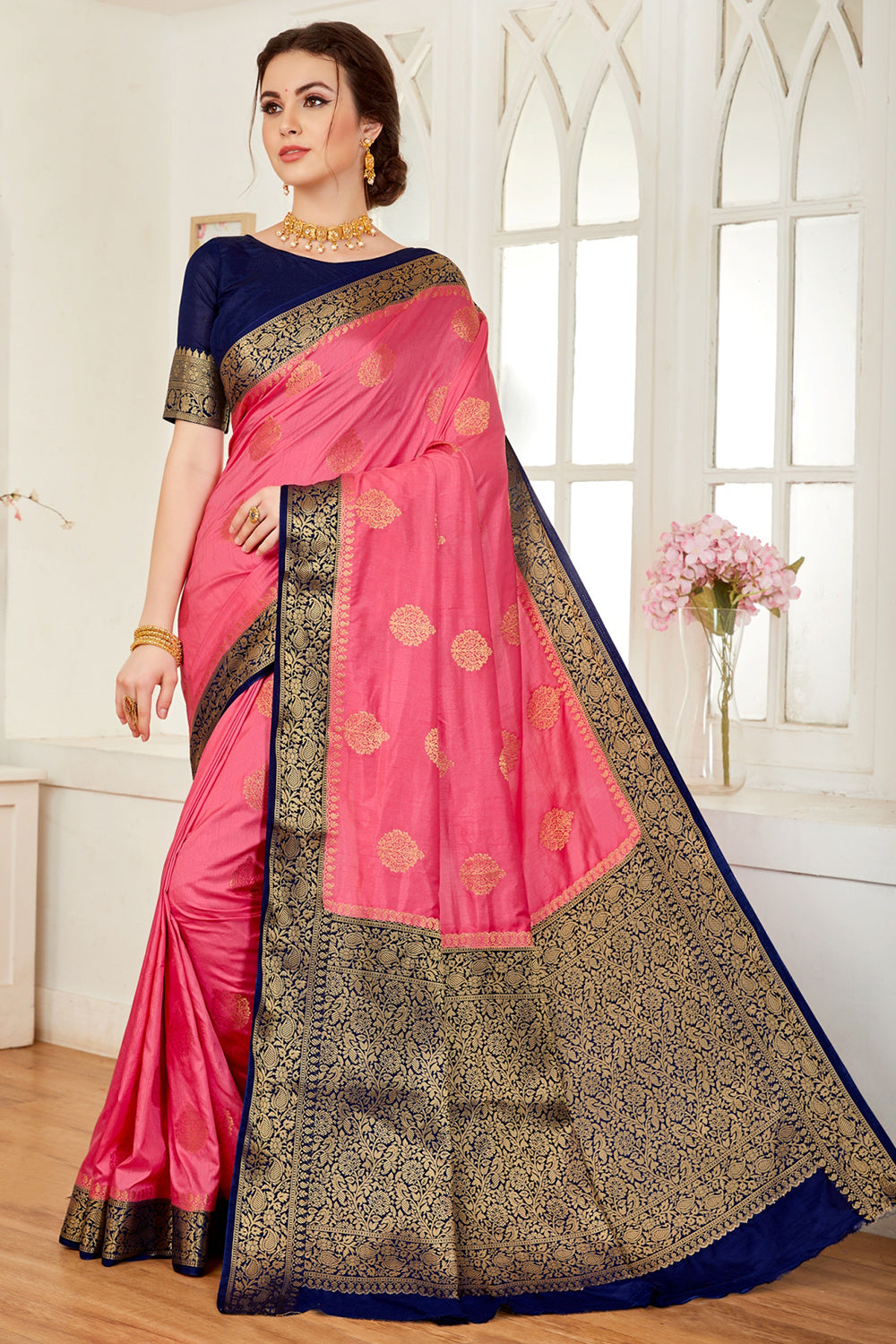 Buy Randal Fashion Women's Pink And Blue Banarasi Saree with Blouse Piece  at Amazon.in