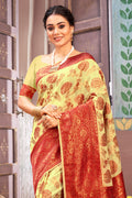 Lemon Yellow And Red Cotton Saree