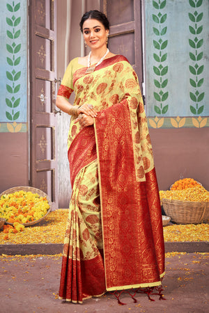 Lemon Yellow And Red Cotton Saree