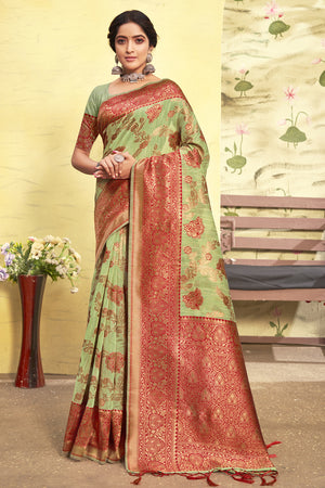 Tea Green And Red Cotton Saree