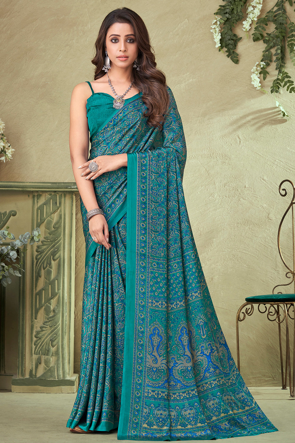 Buy BLEESBURY Printed Daily Wear Georgette, Crepe Dark Green Sarees Online  @ Best Price In India | Flipkart.com