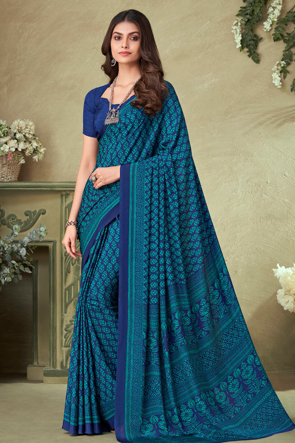 Buy Dark Navy Blue Sequins Embroidered Crepe Saree With Ready Blouse Online  | Samyakk