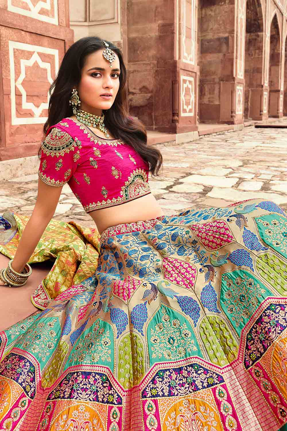 Multicolor Silk Designer Lehenga- Daabu Jaipur