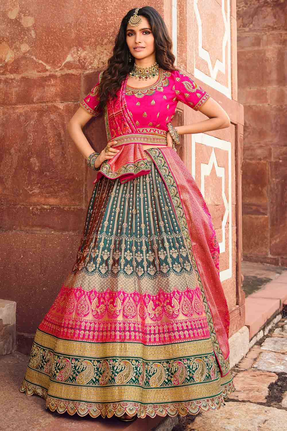 Buy Rose Pink and Light Sea Green Embroidered Lehenga Online in India  @Mohey - Mohey for Women