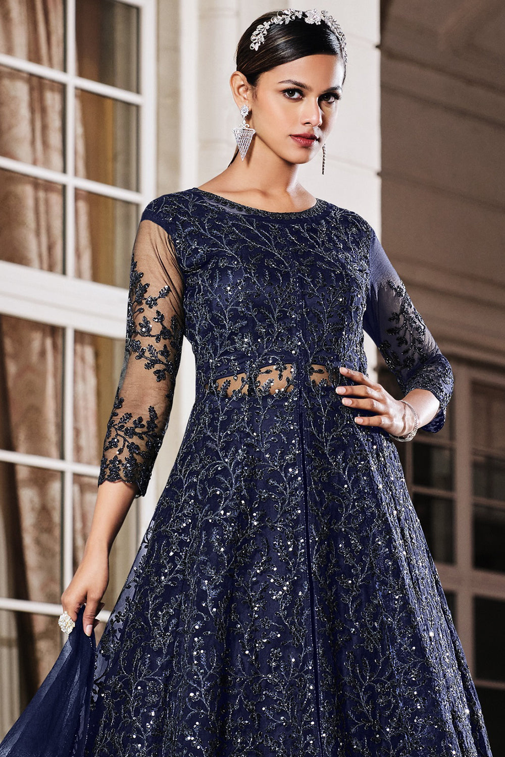 Shop Navy Blue Floorlength Chanderi Anarkali with Dupatta Online in USA –  Pure Elegance