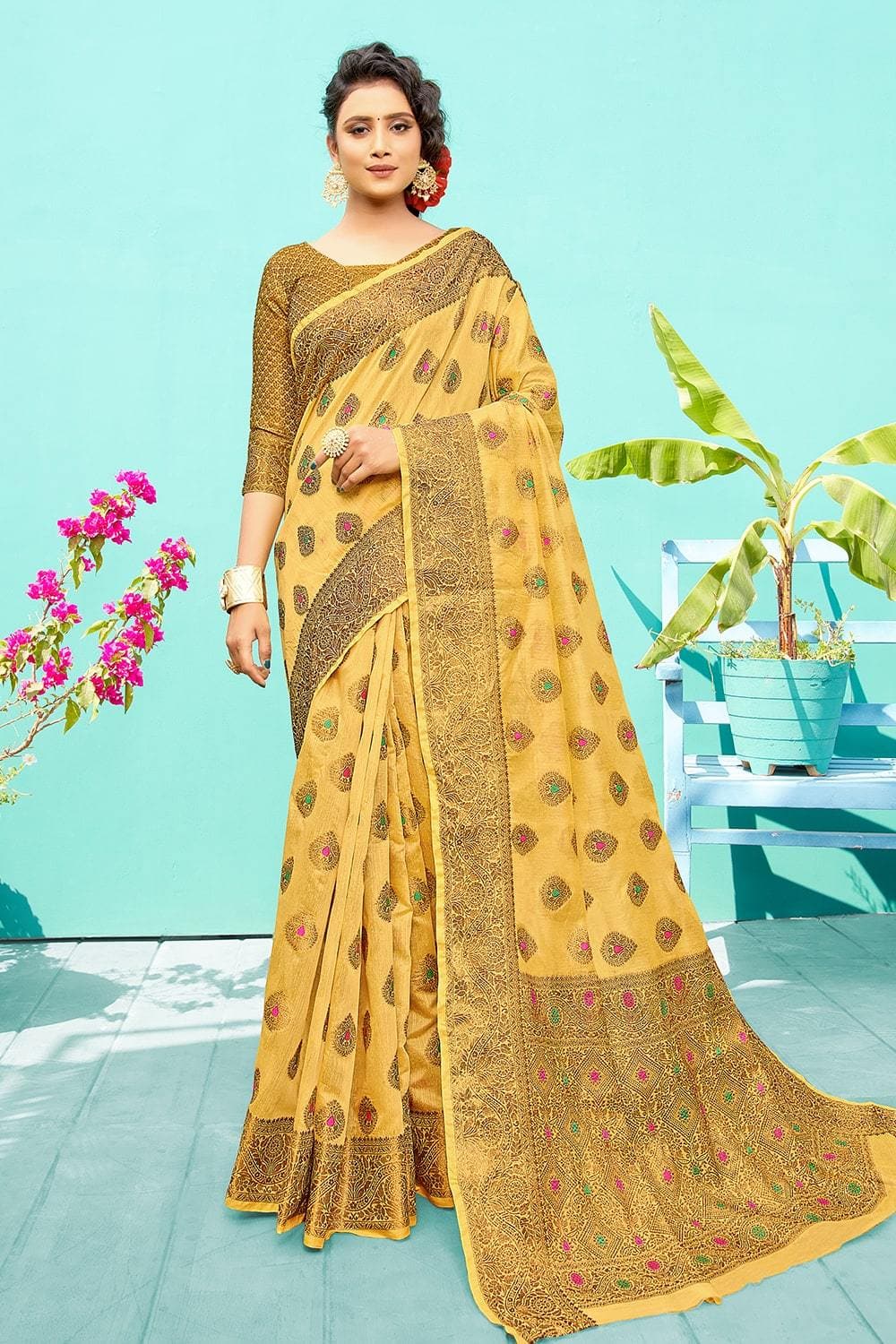 Buy Yellow Chanderi Silk Saree SA-305 Online in India