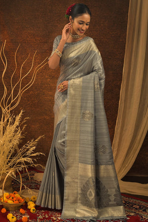 Metal Grey Banarasi Chanderi Saree