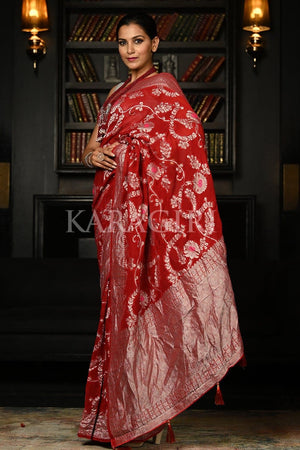 Crimson Red Khaddi Banarasi Goergette Saree