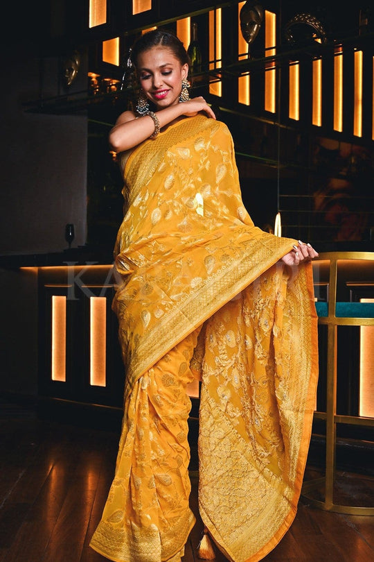 Buy Party Wear Yellow Sequins Work Georgette Saree Online From Surat  Wholesale Shop.