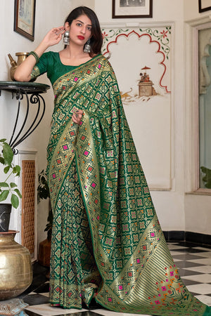 Bottle Green Banarasi Patola Saree