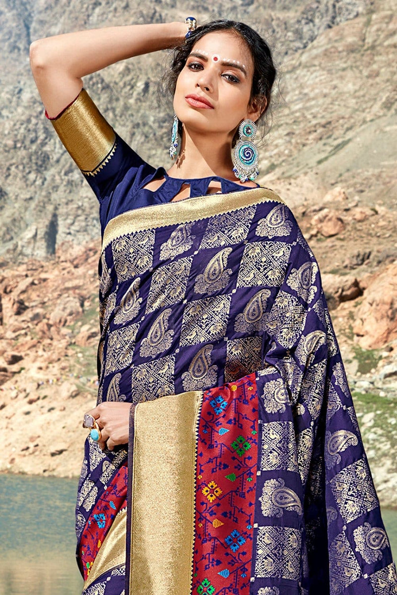 Buy Berry blue woven saree -woven fusion of Banarasi & raw silk online ...