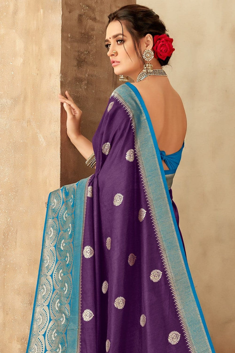 Buy Deep voilet woven saree - woven fusion of Banarasi & raw silk ...
