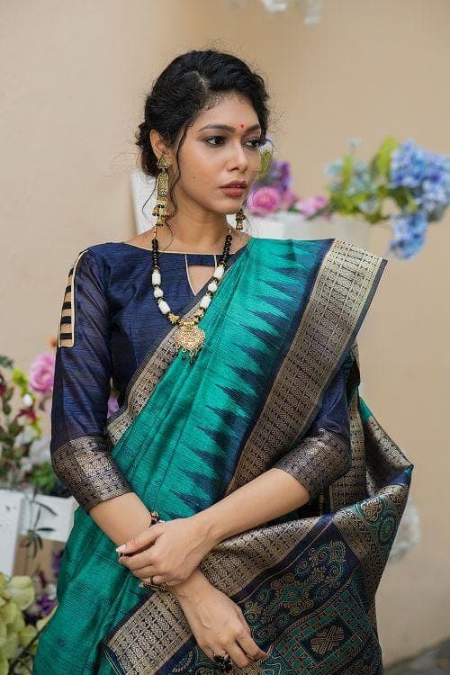 Banarasi raw silk saree blue with thread & zari woven buttas jute fini –  Cherrypick