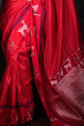 Rose Red Banarasi Raw Silk Saree