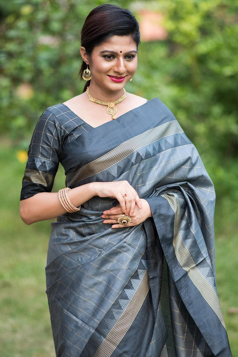 Buy the gorgeous grey banarasi raw silk saree online on Karagiri | SALE