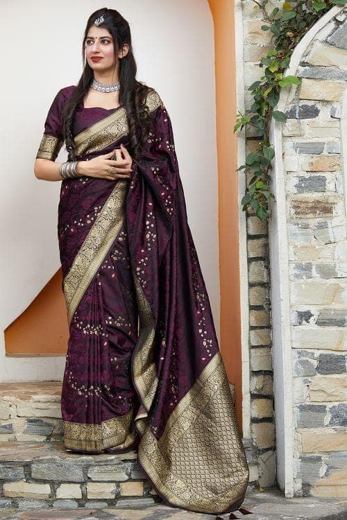 Buy HOUSE OF BEGUM Wine Banarasi Handloom Satin Silk Saree With Embroidery  Work with Blouse Piece | Shoppers Stop