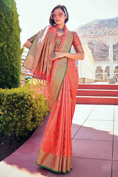 Peach woven silk saree with blouse - Lilots - 4078418