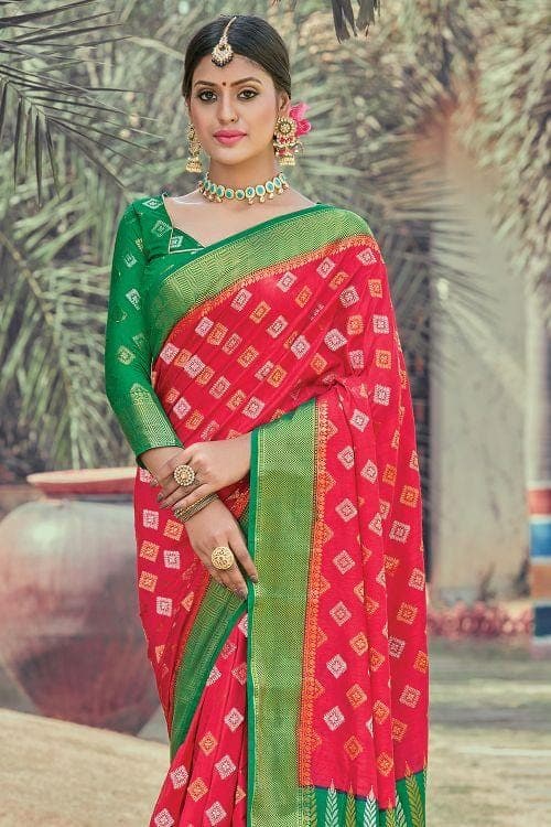 Woven Art Banarasi Silk Saree in Green and Red