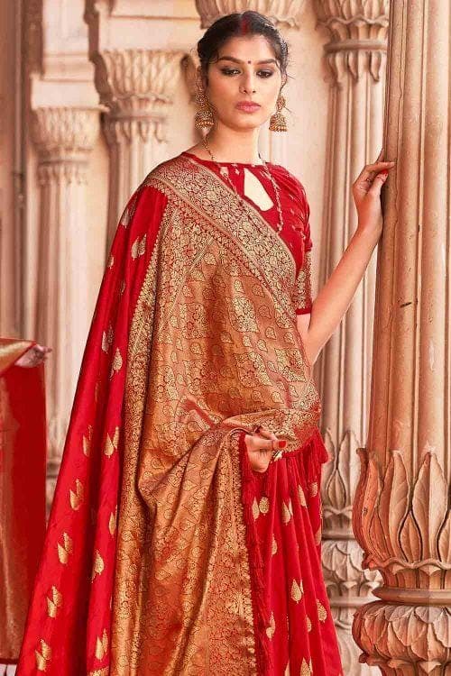 Pure Kanchipuram Silk Saree - Chilli Red with Orange (SHS208) - Tuhil