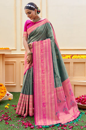 Cyan Blue Banarasi Saree