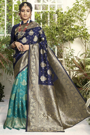 Dark And Light Blue Dual Toned Banarasi Saree