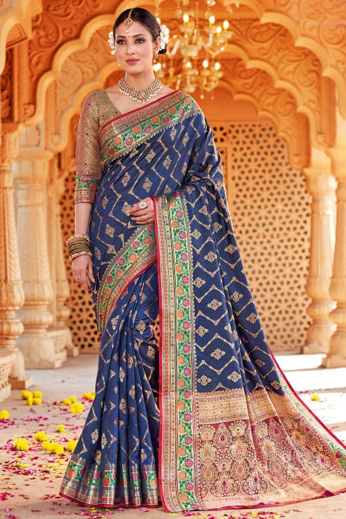 Navy Blue & Pink Floral Zari Silk Blend Banarasi Saree - Flatshop