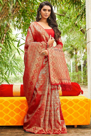 Dark Red Banarasi Saree