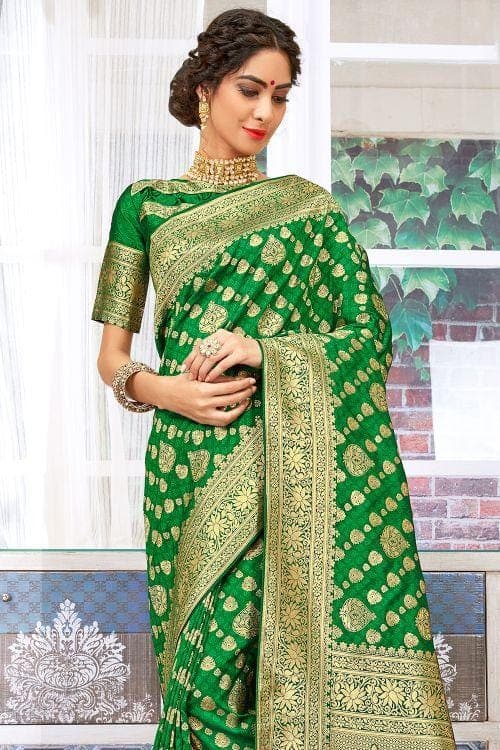 Emerald Green Banarasi Silk Saree - Shaaola.com