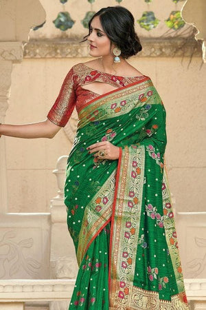 Emerald Green Floral Zari Woven Banarasi Saree