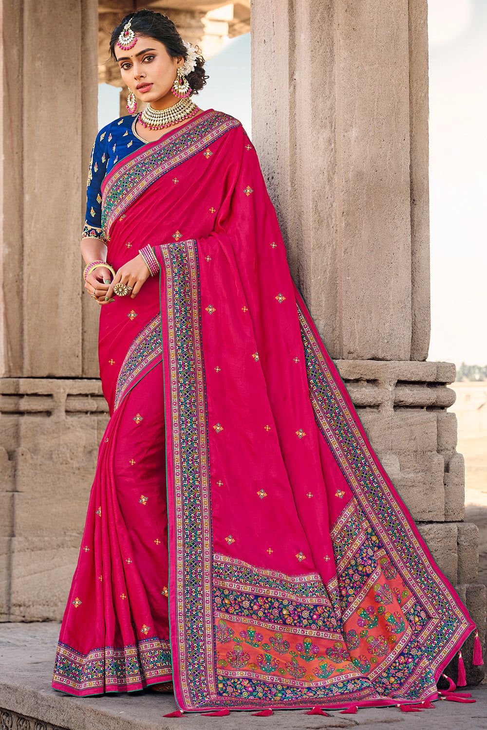 Hot Pink Patola Printed Dola Silk Saree With Embroidered Blouse – MySilkLove