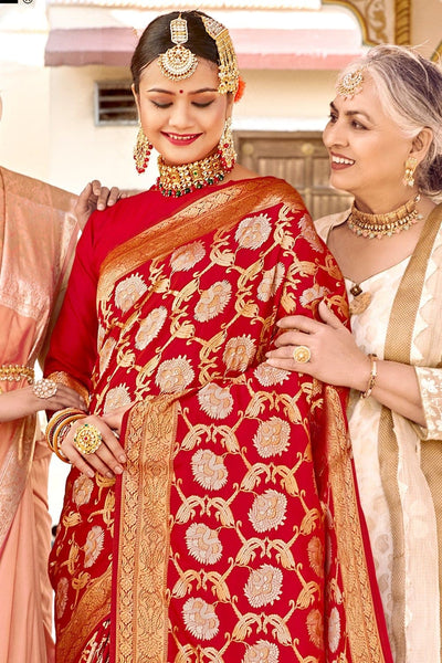 Choosing and Styling the Perfect Red Bridal Silk Banarasi Saree - Sanskriti  Cuttack