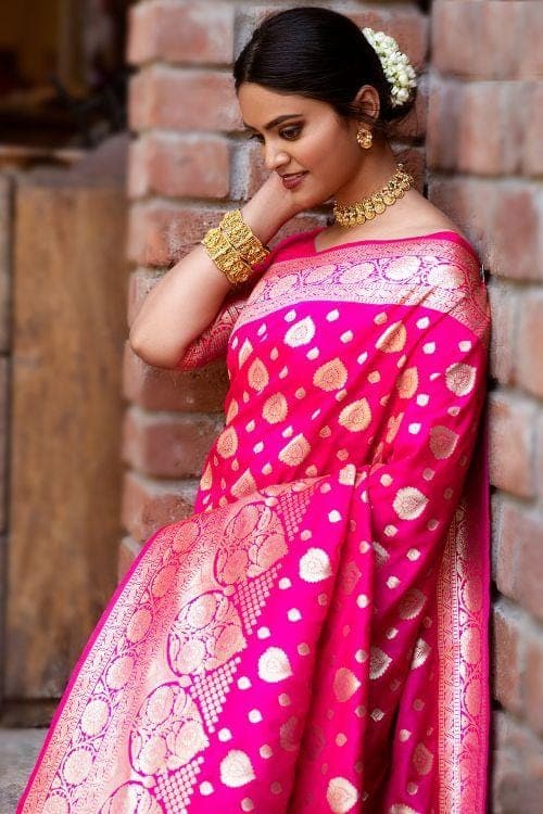 Ethnic Wear Hot Pink Banarasi Silk Weaved Zari Saree SARV158163