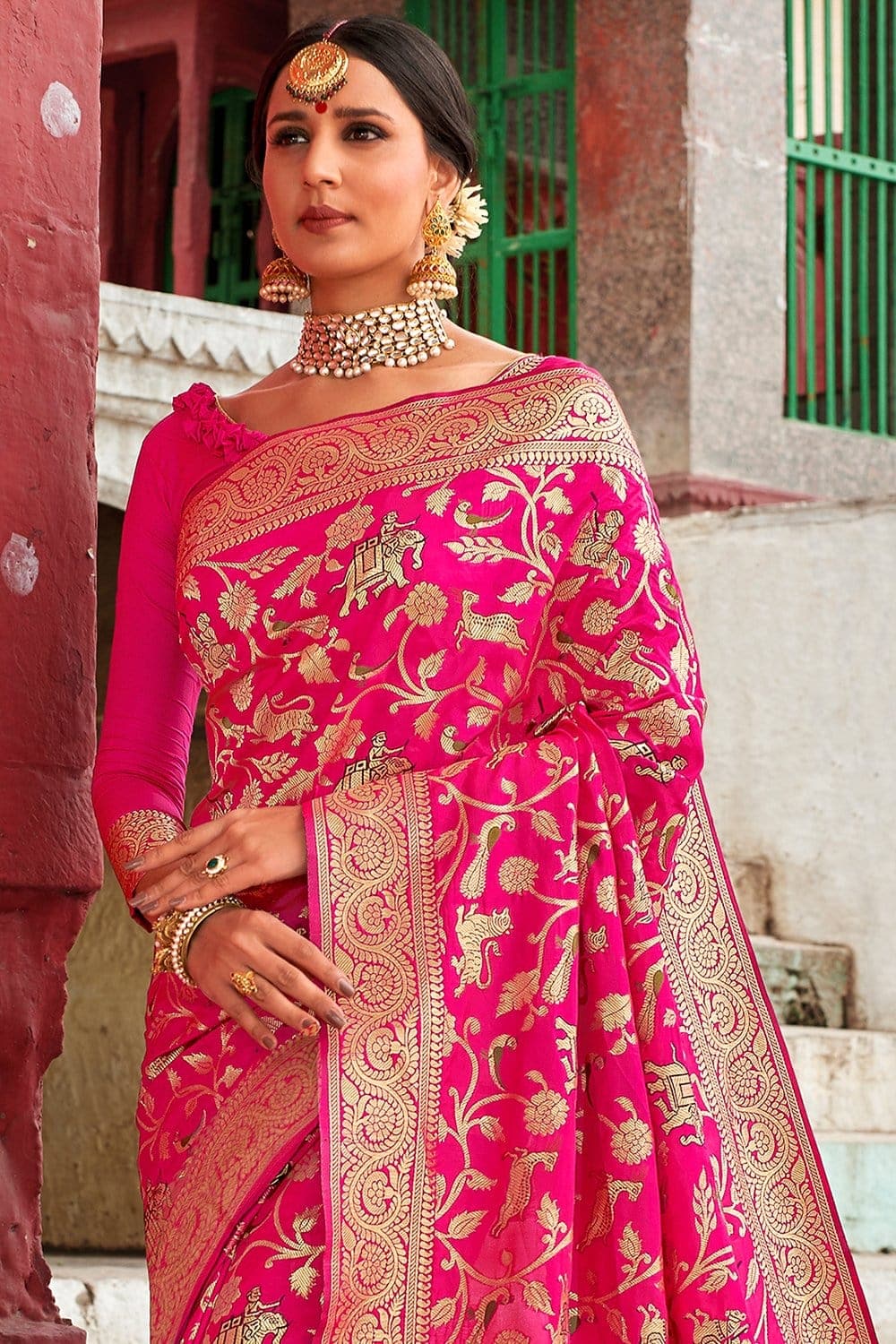 Hot Pink Woven Pure Satin Banarasi Silk Saree – zarikaariindia.com
