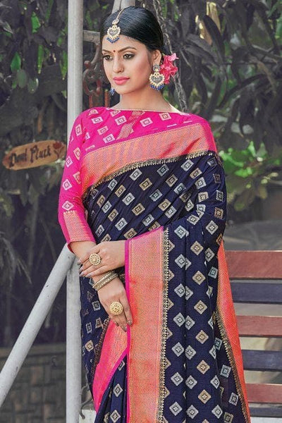 Navy Blue and Pink Patola Bandhej Silk Saree with Blouse – ViBha