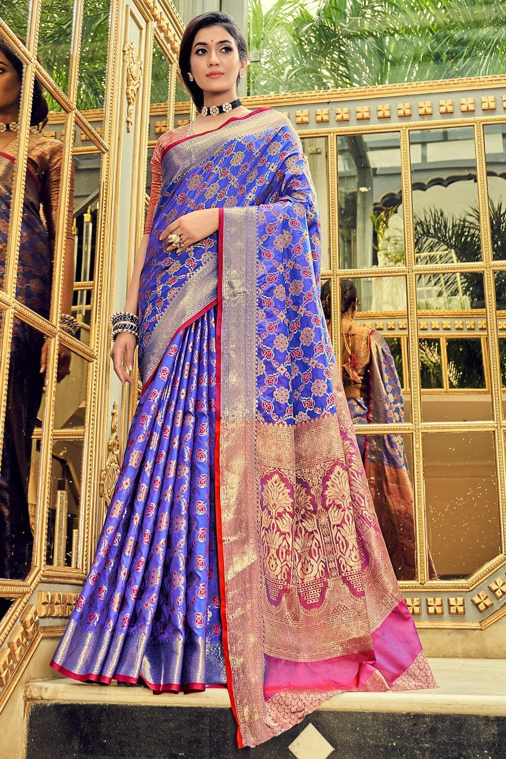 Buy Berry blue woven designer banarasi saree online -Karagiri