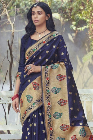 Indigo Blue Small Butta Woven Banarasi Saree