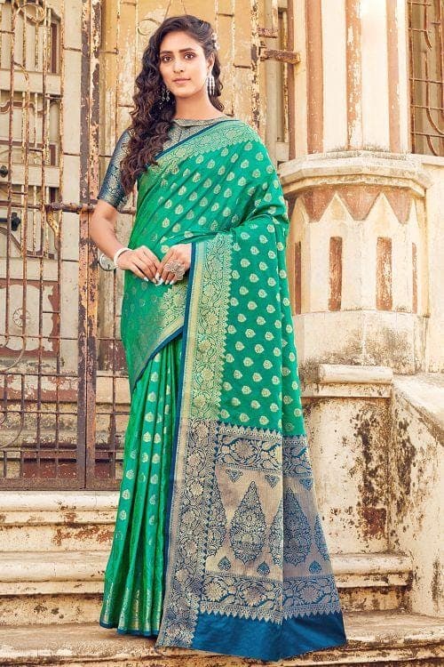 Jungle Green And Blue Banarasi Dola Silk Saree With Resham Embroidery, Zari  And Sequence Work 4007