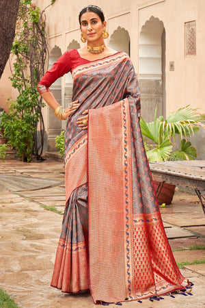 Metal Grey Banarasi Saree