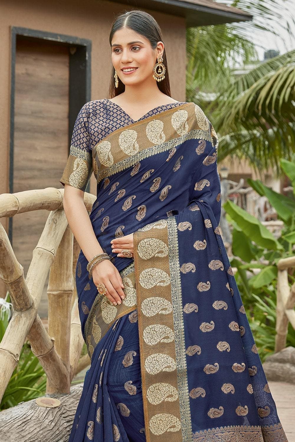 Navy Blue Colour Banarasi Kora Silk Designer Saree.