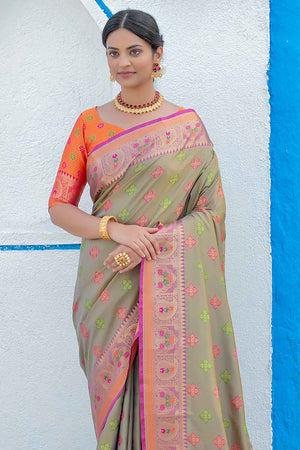 Olive Green Soft Silk Banarasi Saree