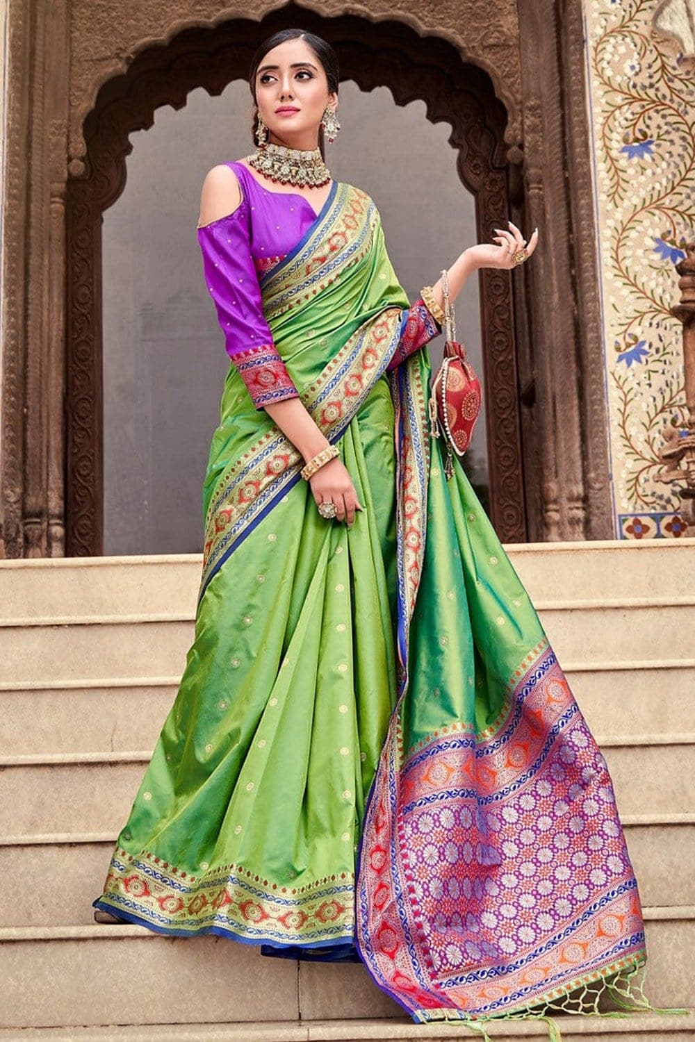 Buy Parrot Green Banarasi Handloom Soft Silk Saree Online- IRAAH